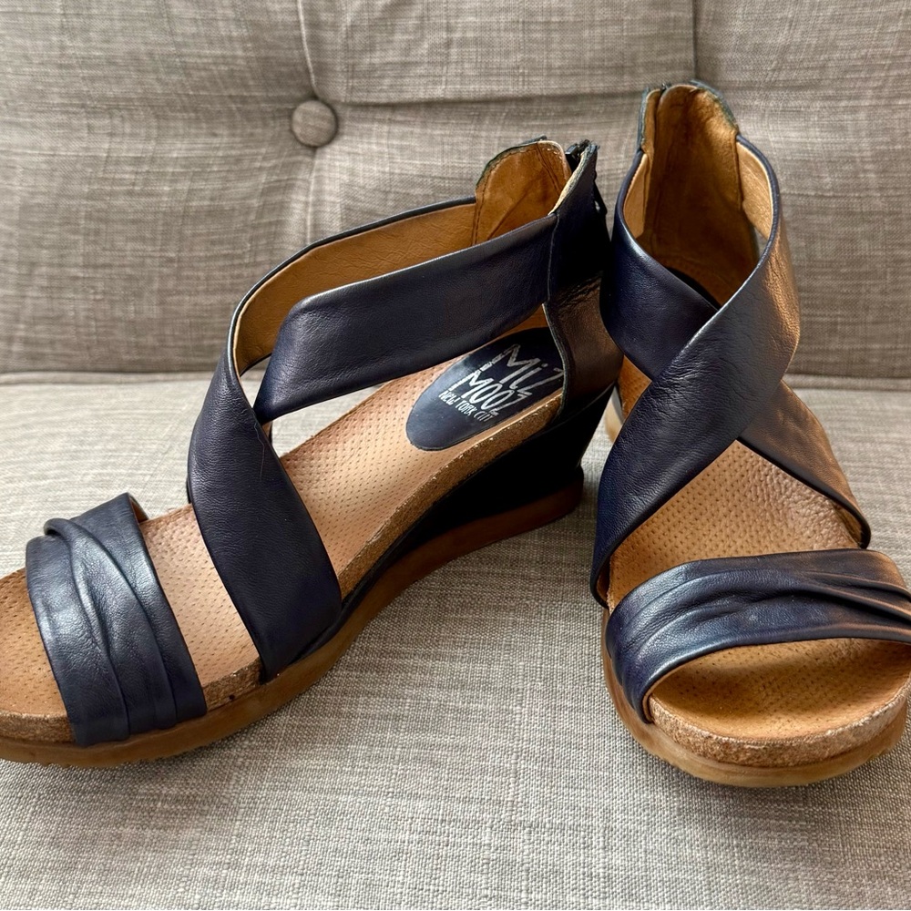 Miz Mooz NYC Navy Leather Wedge Sandals